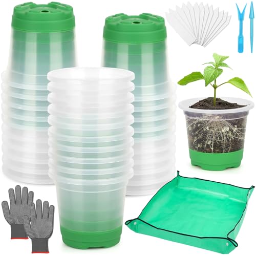 Caffox 55PCS Reusable Seed Starter Kit Includes 30 Packs 3.5" Clear Nursery Pots with Silicone Base, Repotting Mat, Gardening Gloves, Plant Labels and Seedling Tools for Easy Transplant - size: 3.5 Inch Clear Nursery Pots