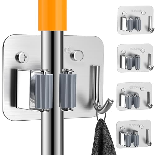 4 Pack Stainless Steel Heavy Duty Broom Holder Wall Mount with Hook, Silver - color: C-Sliver, size: 4PCS Gripper