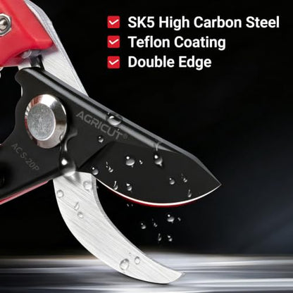 AGRICUT 7" Pruning Shears Heavy Duty Professional, Made of Japanese SK5 Steel Blades, 1 Cut Capacity, Bypass Hand Pruners Garden Clippers for Tree Flower Branch Trimming, S20P - style: Nylon Handle, High Carbon Steel PRO