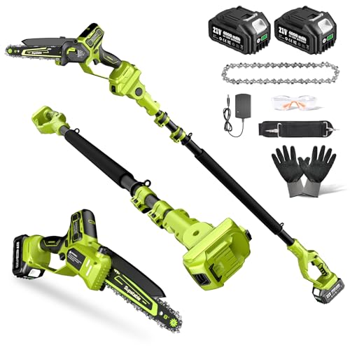 Electric Pole Saws for Tree Trimming, 8 Inch & 6 Inch Mini Chainsaw Cordless with Extension Pole, 16Ft Reach, 2x4.0Ah Battery, Auto Oiling, Tool-Free Chain Tensioning, Tree Trimmer for Branch Limb Cut - color: Grass Green