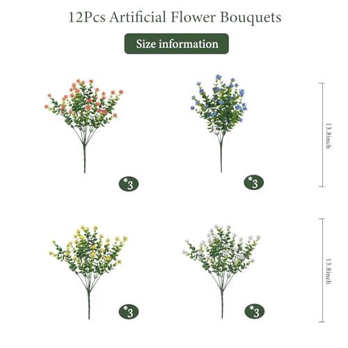 Artificial Flowers Outdoors, 12 Bundles Fake Flowers UV-Anti for Decoration Faux Plastic Plants Garden Porch Window Box Décor,YellowBlueWhiteOrange - color: Yellow+ Blue+ White+ Orange