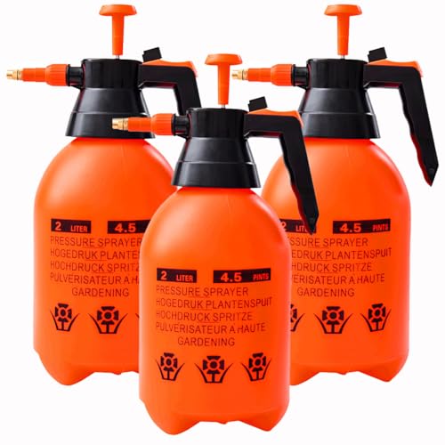 3-Pack Hand Pump Sprayer 2L (1/2 Gallon) with Adjustable Brass Nozzle, Handheld Pressure Spray Bottle for Garden Watering & Household Cleaning - color: Orange Red