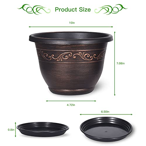Plastic-Plant-Flower-Planters-10 Inch With Drainage Hole & Saucer, 3 Packs Lightweight Small Resin Flower Pot Indoor Outdoor, Retro Antique Imitation Decorative Garden Containers Sets For Houseplants - color: 3 Pack-10 Inch