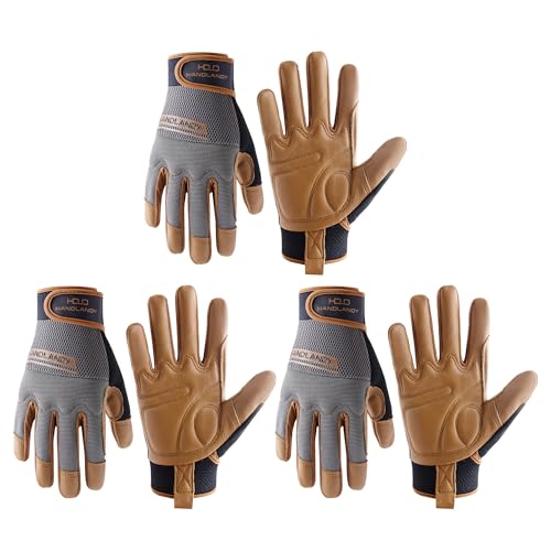 HANDLANDY Leather Work Gloves Mens & Women, Utility Safety Mechanic Working Gloves Touch Screen, Flexible Breathable Yard Work Gloves (Small, Brown-Cowhide Palm, Pack of 3) - color: Deep Brown (3 Pairs), size: Small