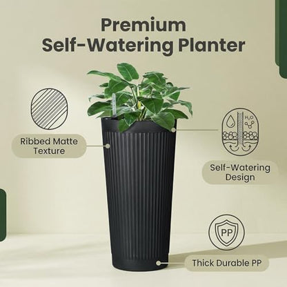 TUYOHW 24 Inch Tall Round Plastic Planter with Self Watering System, Large Indoor Outdoor Planter for Home, Patio, Garden - color: Black-round