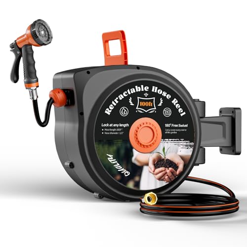 TABU 1/2 Inch x 100 FT Retractable Garden Hose Reel, Wall Mounted