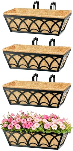 16 Inch Railing Planter Box Window Boxes Planters - 2 Pack Deck Railing Planter Boxes with Adjustable Brackets Coco Liners Balcony Planters Railing Hanging for Window Flower Boxes Outdoor Garden Decor - size: 16 Inch