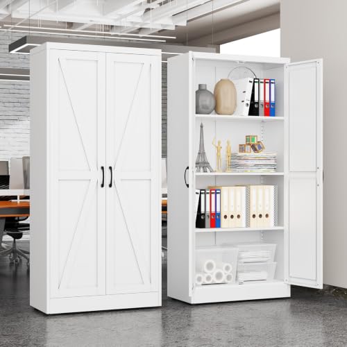 erosoei 63" H Metal Garage Storage Cabinet, Black Metal Pantry Cabinet with 2 Doors, Locker Steel Cabinet with 3 Adjustable Shelves, Freestanding Cupboard for Garage,Office,Home,Gym,School - color: White, size: 63" NCasNLck-M