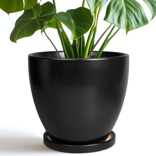 8 Inch Plant Pot - Ceraimc Planter for Indoor Outdoor Plants, Round Flower Pots with Drainage and Tray, House Decor, Black - color: Matte Black, size: 8 Inch