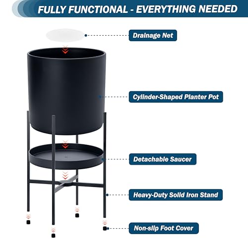 D'vine Dev Plastic Planter Pot with Metal Stand, Black, 16 in, 55-D-B-5 - color: Black, size: 16 Inch
