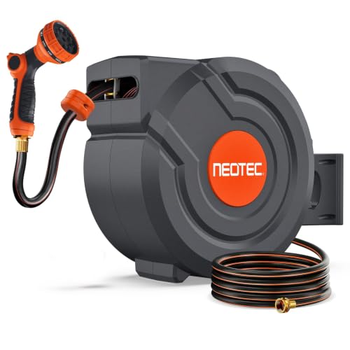 Upgraded Retractable Garden Hose Reel 1/2" x 130 ft 9 Pattern Nozzle Any Length Lock Wall-Mounted Automatic Slow Return 180° Swivel UV Resistant Heavy Duty Hose Reels for Outside