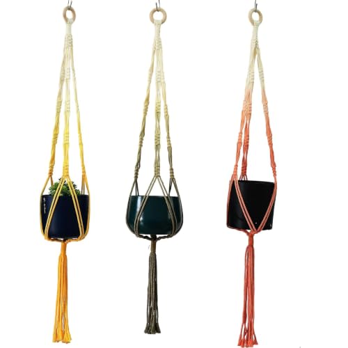 Macrame Plant Hangers Set, Turquoise, Handwoven Cotton Rope, Indoor Hanging Planters, Boho Decor, (3, Orange+Khaki+Yellow, 33") - color: Yellow+khaki+orange