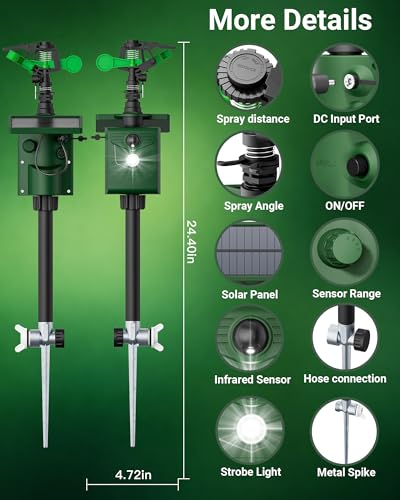 Motion-Activated Sprinkler, Solar Animal Repellent Outdoor - 2 Pack Deer Cat Deterrent with Motion Sensor & Flashing Lights, Protects Yard & Garden from Deer, Cats, Raccoons