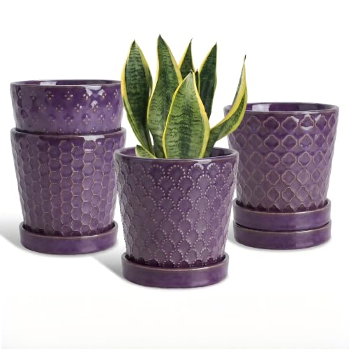 EFISPSS Ceramic Plant Pots, 5 Inch Planters with Drainage Holes and Ceramic Tray, Relief Design Flower Planter, Desktop Office Windowsill Decoration Gift Set of 4 - Purple - color: Purple