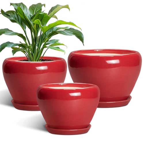 Ceramic Plant Pots, 10+8+6 Inch Ceramic Planters, Bright Red - color: Bright Red