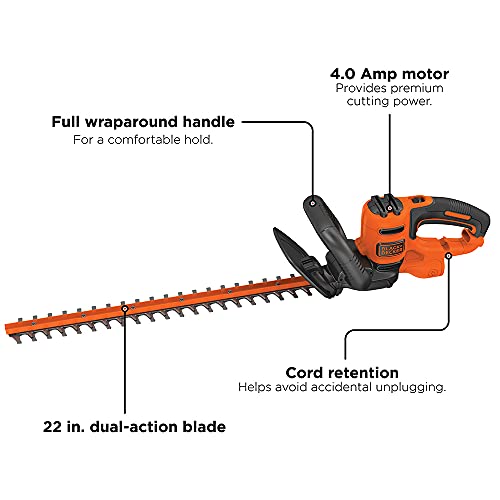 BLACK+DECKER 22" Electric Hedge Trimmer, Lightweight 4.0 Amp Corded Dual Action Shrub Trimmer, Full Wraparound Handle, High Output Low Vibration (BEHT350FF)