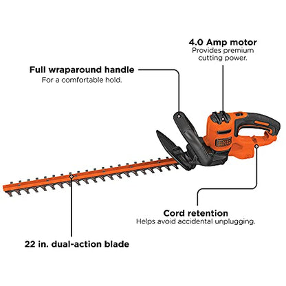 BLACK+DECKER 22" Electric Hedge Trimmer, Lightweight 4.0 Amp Corded Dual Action Shrub Trimmer, Full Wraparound Handle, High Output Low Vibration (BEHT350FF)