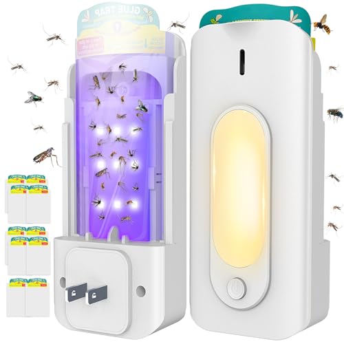 Fruit Fly Trap for Indoors with 10 Refills, 2 in 1 Fly Trap Indoor with Night Light for Home, Gnat Traps for House Indoor, Plug-in Insect Trap for Gnats, Flies, Moths, and Other Bugs-White
