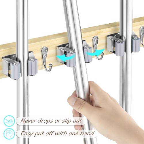 OUTNILI Mop and Broom Holder Wall Mount - Light Wood Broom Mop Hanger - Wall Mounted Garden Tool Rack Organizer for Closet Garage Laundry Room Kitchen With 4 Slots & 4 Hooks - color: Light-4 Grips, size: 1 Pack
