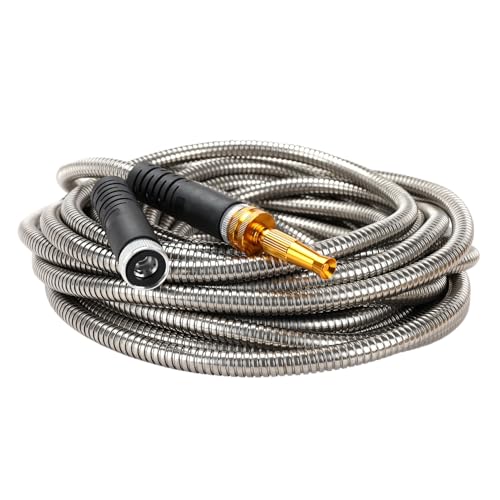 Melnor 97051AMZ XT Stainless Steel Garden Hose 5/8" x 50ft - Kink-Free - Lightweight - Rubberized Grips - Metal Twist Nozzle - Ultra Durable - Silver/Black