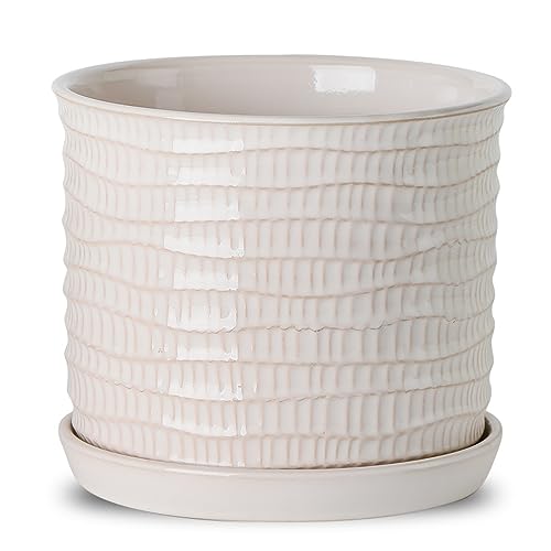 8 Inch Ceramic Planter with Drainage Hole & Bonded Saucer - color: Wave Embossed, size: 8 inch