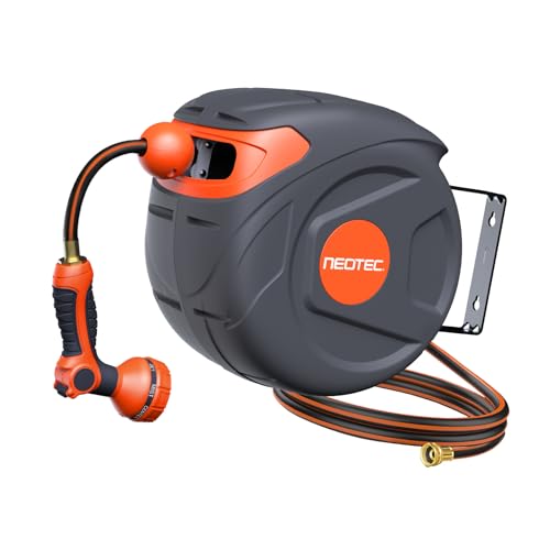 Wall-Mounted Retractable Hose Reel 1/2 Inch 50 Ft, Any Length Lock & 9 Pattern Nozzle, Automatic Slow Return, 180° Swivel, UV Resistant Heavy Duty Garden Hose Reel - size: 1/2 inch50ft