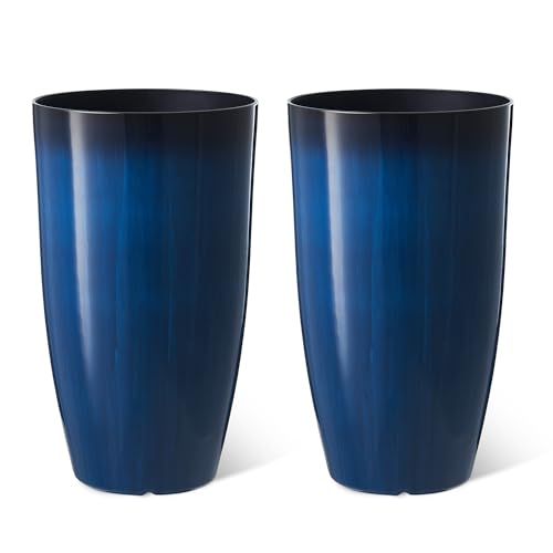 Glitzhome 23.5" H Oversized Tall Round Tapered Planter, Set of 2 Large Gradient Cobalt Blue Faux Ceramic Tall Planters Pots, Plastic Flower Pots with Drainage Holes for Front Porch Patio Garden Deck - color: Gradient Cobalt Blue, size: 23.5" H
