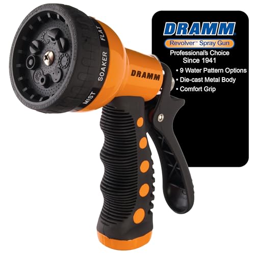 Dramm Revolver Heavy Duty Metal Garden Hose Nozzle – 9 Spray Patterns, High Pressure Jet, Thumb-Control Flow, Ergonomic Grip – Orange - color: Orange, size: No Size (Single), style: 9-Pattern Revolver