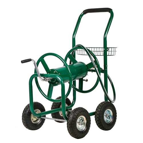 FDW Garden Hose Reel Cart, Water Hose Cart with 4 Wheels, Hold Up to 300 ft of 5/8’’ Hose，Heavy Duty Powder-Coated Steel Planting with Storage Basket, for Garden, Yard and Lawn - color: Green