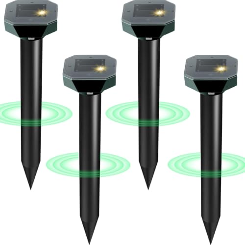 Snake & Mole & Rabbit & Skunk Repellent Solar Powered, Upgraded Ultrasonic Deterrent, IP65 Waterproof, Gopher Groundhog Chipmunk Raccoon and Vole Repellent & Deterrent for Lawn & Garden, 4 Pack - size: 1 Count (Pack of 4)