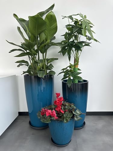 24,21,11 Inch Large Plastic Planters with Drainage Hole and Saucer - Set of 3 Tall Plant Pots Indoor Flower Pot Tall Round Planters Outdoor Large Tall Planter - color: Blue