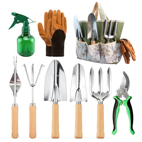 BlingKingdom 9-Piece Garden Tools Set, Stainless Steel Gardening Hand Tool Kit with Tote Bag Easy Storage Perfect Gardening Gifts for Beginners, Women and Men