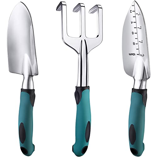 FANHAO Garden Tools Set, 3 Piece Heavy Duty Gardening Tools Cast Aluminum with Soft Rubberized Non-Slip Handle, Durable Garden Hand Tools Garden Gifts for Men Women - color: Teal