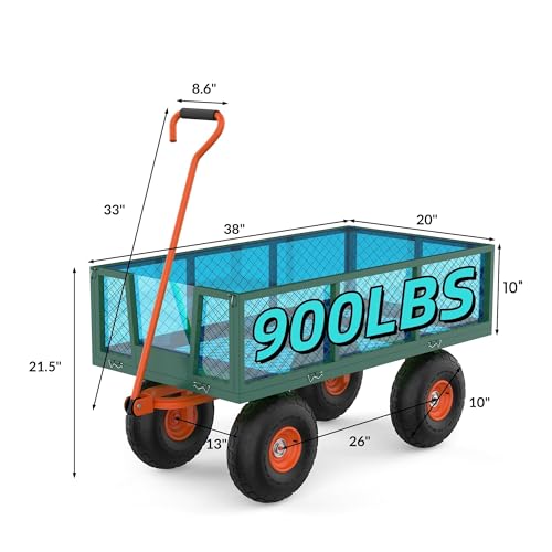 900LBS Heavy Duty Garden Cart, Steel Garden Wagon Cart with 10-Inch Wheels, Adjustable Handle, Utility Garden Wagon for Yard, Gardening, Soil, Tools and Plant Transport - color: Green With Orange, size: 900 LBS