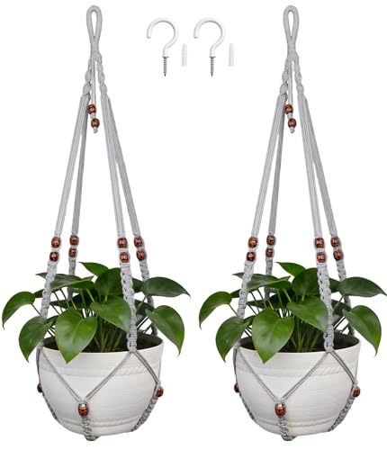 35 Inch Macrame Plant Hanger, Large for up to 15 Inch Pot Extra Long Hanging Planter Holder Basket with Wood Beads for Indoor Outdoor Home Decor (Grey, 2-Pack) - color: Gray, size: 2-Pack