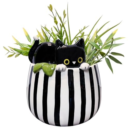Streamline Imagined Ceramic Planter Pot for Succulent - Peek-A-Boo Kitty - Indoor - 6.75 x 6.75 x 6.75 inches - color: Black
