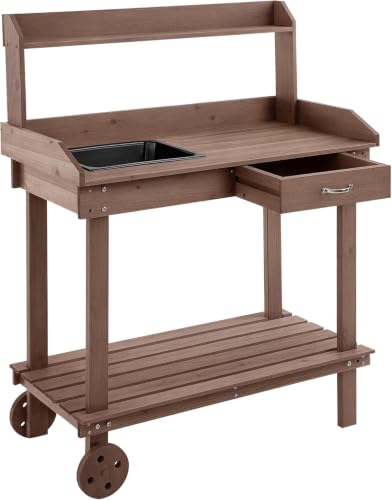36" Wooden Potting Bench Work Table with Wheels, Removable Sink, Drawer, Shelves & Garden Storage Workstation (Brown) - color: Brown