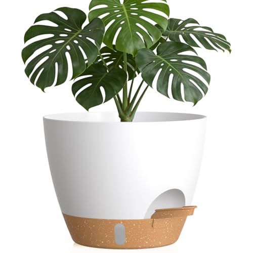 Plant Pots, 1 Pack 12 Inch Self Watering Pots with Drainage Holes, Water Level Indicator Deep Reservoir, Large Planters for Indoor Outdoor Plants - White Brown - color: White Brown, size: 12 in 1pcs