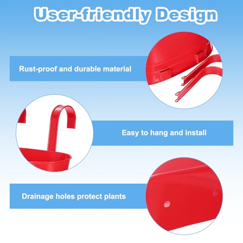 uxcell Rail Planter for Outdoor Plants, 4 Pcs 11" Iron Wall Hanging Planters Fence Railing Balcony Planters with Drainage Holes and Detachable Hooks, Red - color: Red
