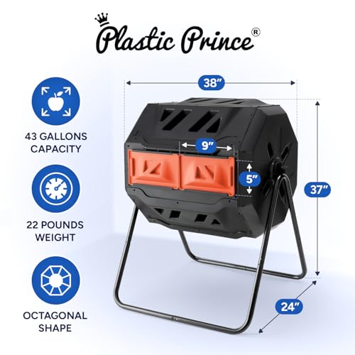 PLASTIC PRINCE Compost Tumbler Rotating Garden Compost Bin Outdoor Dual Chamber 43 Gallon Backyard Composter Tumbling Barrel Mixer Outside, Large, Orange - color: Black/Orange