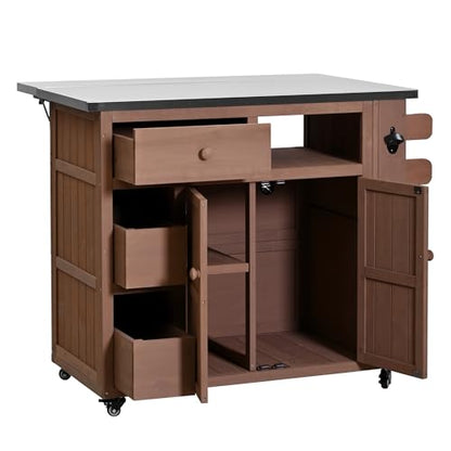 GDFStudio Winford Patio Kitchen Island Cart with Extendable Top, Wooden Outdoor Storage Cabinet with Stainless Steel BBQ Prep Table Top, Drawers, Spice Rack and Lockable Wheels, Potting Bench, Brown - color: Brown