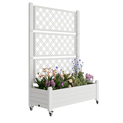 Resin Raised Garden Bed with Trellis and Wheels - Plasitc Planter Box with Trellis Outdoor with Drainage Holes & Water Monitor for Climbing Plants, Flower, Ashen(61.2" H) - color: Ashen, size: 61.2"h