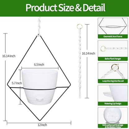 Koalaime Hanging Planters for Indoor Plants, 2 Set Self Watering Hanging Flower Pots, Modern Hanging Plant Baskets with Metal Plant Holder & 6.5 Inch Plastic Pots for Garden Home Decor (White)