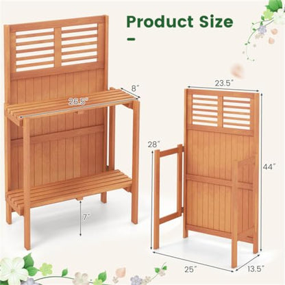 Foldable Potting Bench for Small Spaces, 25" Compact Wooden Garden Workstation with 2-Tier Storage Shelves, Outdoor Plant Table Garden Furniture Deck Plant Table for Patio Balcony Deck, Easy Assembly