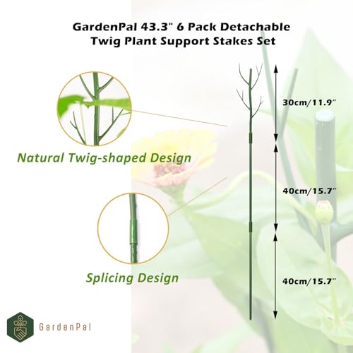 GardenPal 6 Pack Detachable 43.3" Plant Support Stakes- Indoor/Outdoor Monsteras, Pothos, Potted Plants and Climbing Plants, with Velcro Straps, Non-Rotting Plastic Natural Branch (Green)