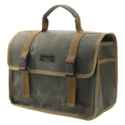 Canvas Tool Tote Bag | 16OZ Waxed Canvas Hand Tools Carrying Bag, Portable Tool Storage Bag with 1 Large Pocket + 2 Side Pockets - for Mechanics Truck Drivers Craftsman | Army Green - color: ArmyGreen