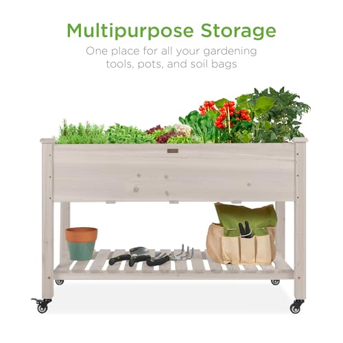 Best Choice Products Raised Garden Bed 48x24x32-inch Mobile Elevated Wood Planter w/Lockable Wheels, Storage Shelf, Protective Liner - White - color: White