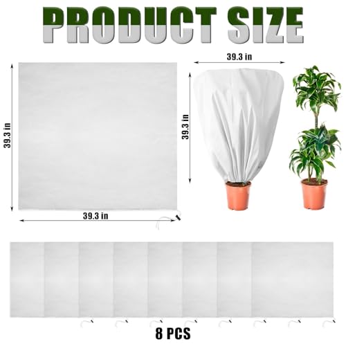 8 Pcs Plant Covers Frost Protection Bag 39.3"X39.3" Winter Reusable Plants Jacket with Drawstring Shrub Protection Wraps Bags Frost Blanket for Winter Outdoor Garden Plants - color: White, size: 39.3 × 39.3 Inch