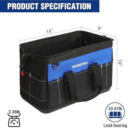 WORKPRO 16-inch Wide Mouth Tool Bag with Water-Proof Molded Base - color: Blue & Black