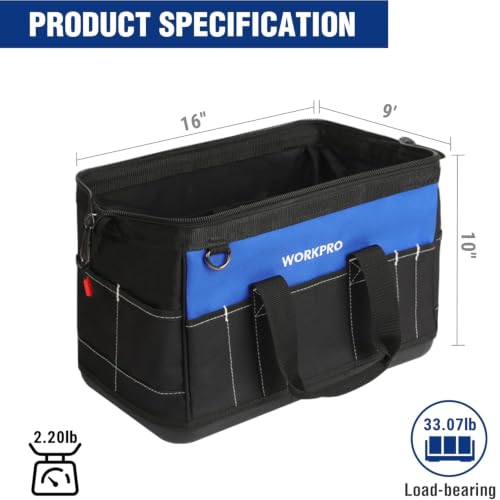 WORKPRO 16-inch Wide Mouth Tool Bag with Water-Proof Molded Base - color: Blue & Black